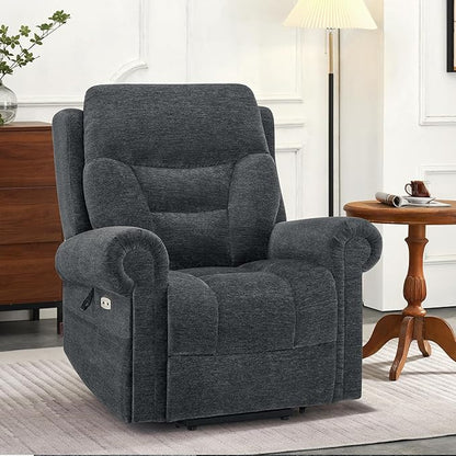 MCombo Triple Motor Power Lift Recliner Chair with Massage and Lumbar&seat Heating, Rolled Arms, Adjustable Headrest for Elderly People, Fabric 7888 (Dark Grey, Medium)
