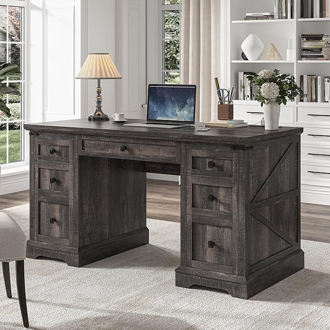EnHomee 58" W Farmhouse Executive Desk with Drawers, Wood Home Office Desks with Power Outlets, Rustic Computer Desk with Storage Cabinet for Working, Studying, Writing, Dark Rustic Oak