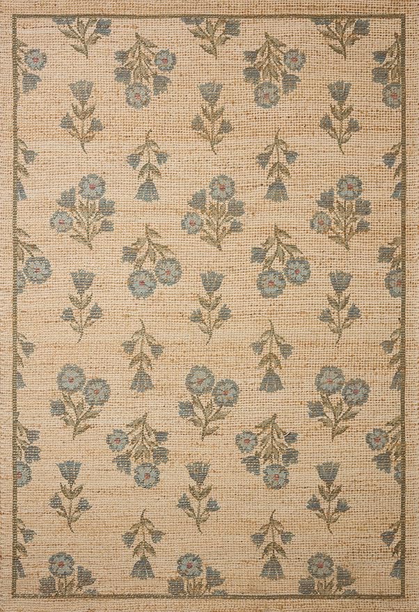 Loloi Chris Loves Julia Rue Collection RUE-04 Moss/Blue 8'-6" x 11'-6" Area Rug Jute Neutral Floral Living Room Bedroom Rug