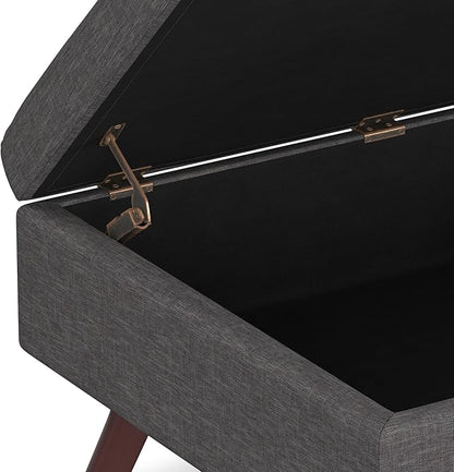 SIMPLIHOME Owen 34 inch Wide Mid Century Modern Rectangle Coffee Table Storage Ottoman in Slate Grey Linen Look Fabric, Assembled, For the Living Room, Entryway and Family Room