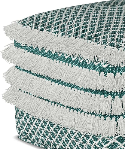 SIMPLIHOME Leah Boho Square Woven Outdoor/ Indoor Pouf in Turquoise and White Recycled PET Polyester for the Living Room, Bedroom and Kids Room