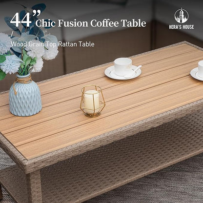 HERA'S HOUSE 6 Piece Patio Furniture Set, Outdoor Sectional Wicker Sofa with 44" Coffee Table, 5.5" Thick Waterproof Cushion All Weather 5 Seats Modular Conversation Set for Garden Deck Backyard