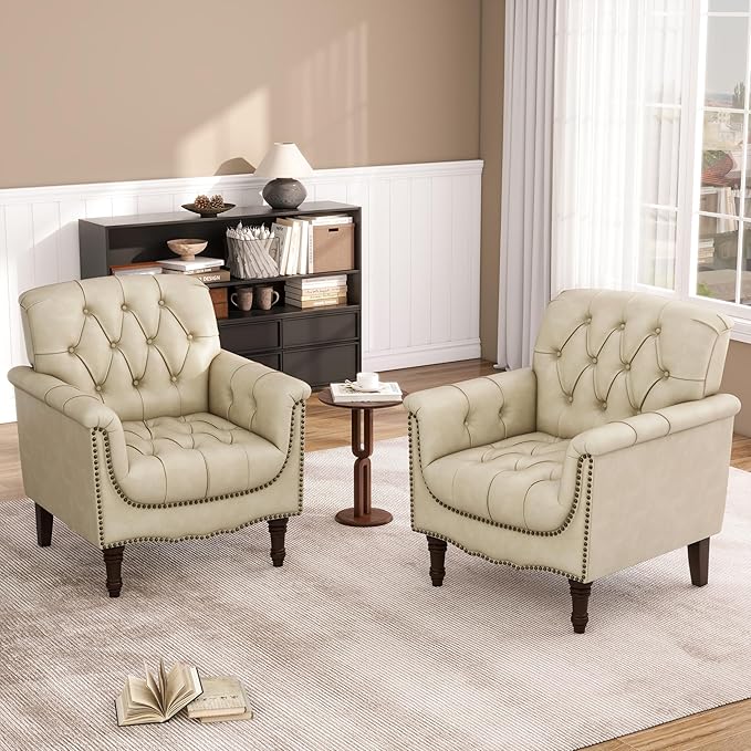Faux Leather Accent Chairs Set of 4, Upholstered Armchairs with Nailhead Trims & Wood Legs for Living Room, Bedroom, Contemporary Comfy Club Chairs for Office-Beige