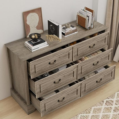Farmhouse 6 Drawers Dresser for Bedroom, 47'' Wide Rustic chests of Drawers with Natural Texture, Wood Dresser Vintage Design, Storage Dressers Organizer, Grey
