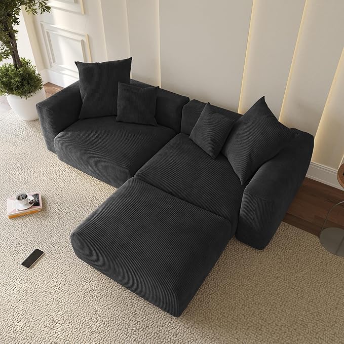 WJShome Cloud Couch Modular Sectional Sofa,102inch L Shaped Sofa with Ottoman,Black 3 Seater Corduroy Couch,Convertible Sectional Sofa for Living Room,Cushion Covers Removable& Washable