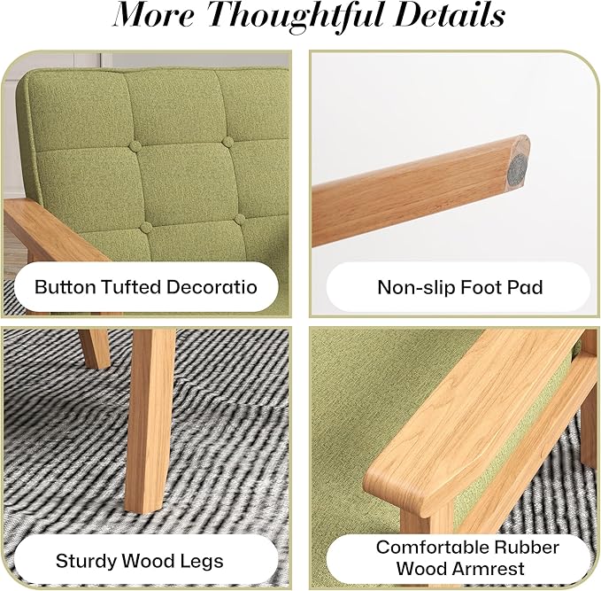 KCC Mid-Century Modern Linen Fabric Accent Chair, Upholstered Tufted Leisure Chair Comfy Reading Side Chair with Armrest and Solid Wood Frame for Living Room Bedroom Balcony(Green)