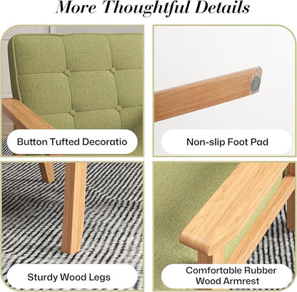 KCC Mid-Century Modern Linen Fabric Accent Chair, Upholstered Tufted Leisure Chair Comfy Reading Side Chair with Armrest and Solid Wood Frame for Living Room Bedroom Balcony(Green)