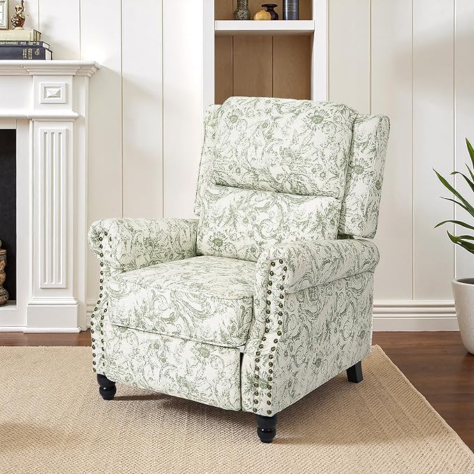 Lumibee Recliner Chair, Wingback Recliner Chair for Living Room, Modern Upholstered Fabric Pushback Armchair with Adjustable Backrest & Footrest for Small Spaces,Bedroom-Rococo Green
