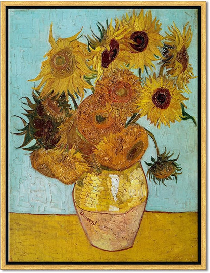 Wieco Art Framed Wall Art of Sunflower by Vincent Van Gogh Paintings Reproduction Abstract Canvas Prints for Home Living Room Decorations Bronze Gold Frame
