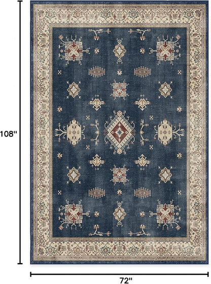 RUGGABLE Washable Vintage Area Rug – Verena Sapphire 6x9, Stain-Resistant, Non-Slip – Medium Machine Washable Rugs for Living Room, Bedroom, Hallway, Entryway & Office–with Standard Pad