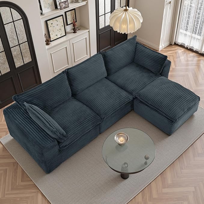 108" Sectional Couches for Living Room Boneless Couch Upholstered Cloud Couch Sectional Modular Sectional Sofa with L Shaped (Corduroy-Blue, 3 Seat+1 Ottoman)