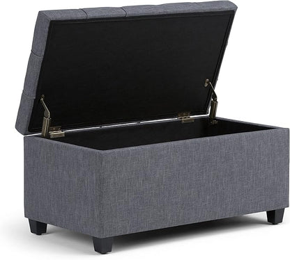 SIMPLIHOME Sienna Storage Ottoman Bench - 33 inch Wide Upholstered Linen Look Fabric Rectangle Storage Ottoman Bench in Dove Grey, Transitional Tufted Ottoman for Living Room or Entryway with Lift Top