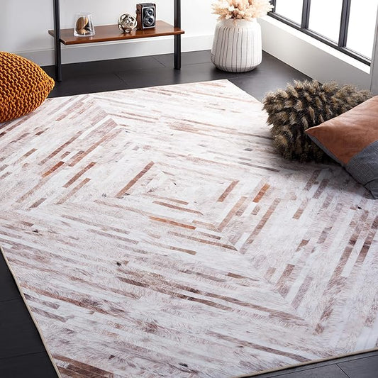 SAFAVIEH Washable Rug Faux Hide Collection - 4' x 6', Beige & Brown, Slip Resistant, Western Rustic Decor, Printed Pattern, Ideal for Living Room, Bedroom, Home Office, Dining Space (FAH526A)