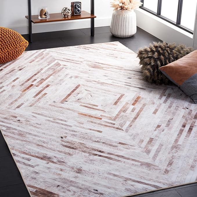 SAFAVIEH Washable Rug Faux Hide Collection - 6' x 9', Beige & Brown, Slip Resistant, Western Rustic Decor, Printed Pattern, Ideal for Living Room, Bedroom, Home Office, Dining Space (FAH526A)