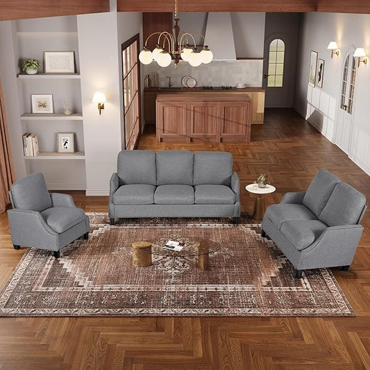 3 Piece 6-Seater Living Room Sofa Set, Modern Upholstered 3-Seater Sofa, Loveseat & Armchair, Handmade Nailhead Trim, Ergonomic Deep-Seat Couch for Living Room, Bedroom, Apartment, Gray