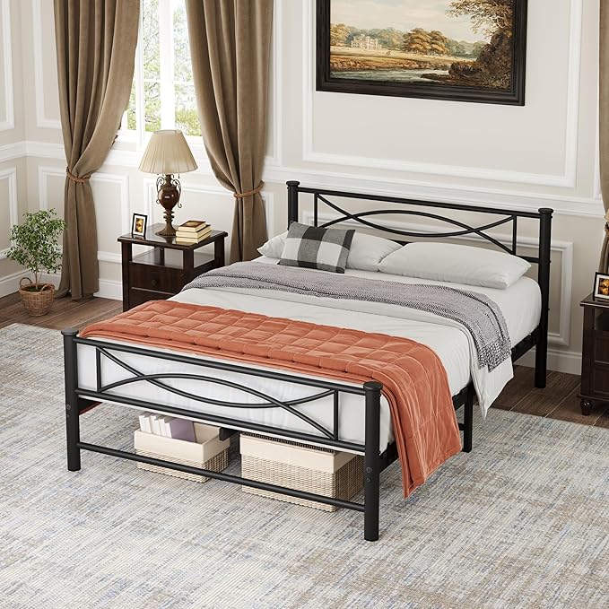 Metal Full Single Bed Frame with Storage Space, 74.8" in Steel Bed Frame with Protective Foot Pads, Strong Bearing Capacity Full Size Bed, Easy Assembly, Underbed Storage Space（35.4 inch）