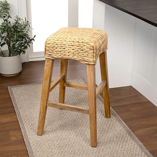 JONATHAN Y BSL1101B Maui 29.5" Rustic Bohemian Hyacinth/Wood Backless Bar Stool for Home, Kitchen, Dining Room, Workspaces, Cafes and Resturants, Natural Woven Seat with Natural Wood Frame