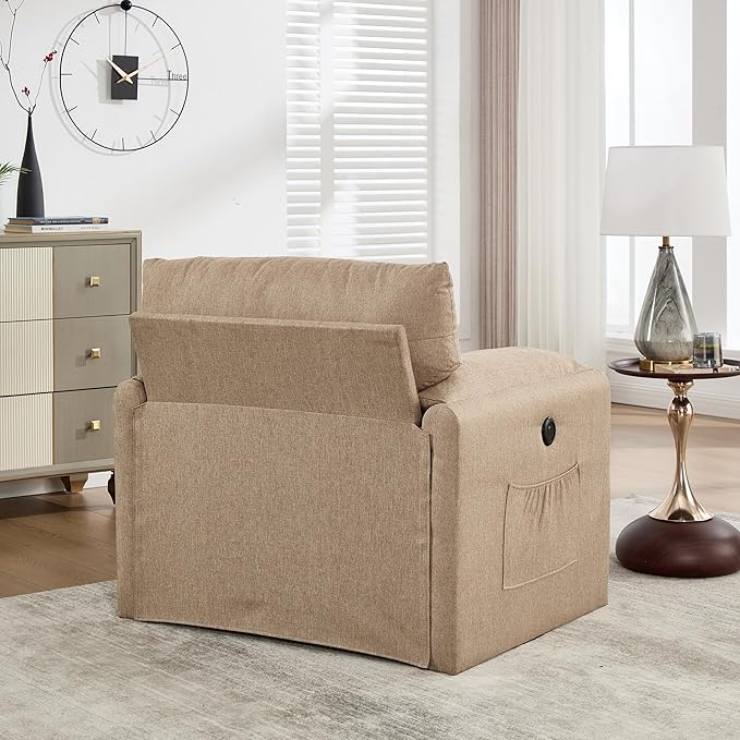 Oversized Accent Chair Mid-Century Modern Armchair for Living Room,USB and Type-C Ports,Comfy Reading Chairs for Bedroom with Side Pockets,Extra-Wide Single Sofa Chair(Khaki, Set of 1)