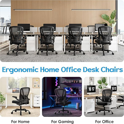 Office Chair Ergonomic Desk Chair - Mesh Computer Chair Breathable Task Chair with Wheels Adjustable Lumbar Support Home Desk Office Chairs with Flip up Armrest Executive Rolling Swivel Black