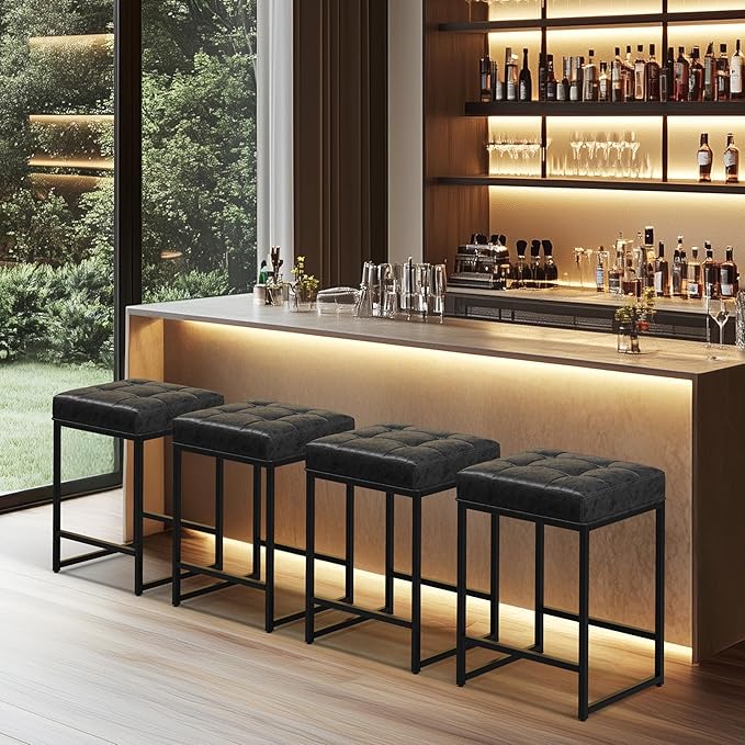 Yaheetech 24" Leather Bar Stools Set of 4, Kitchen Counter Height Bar Chairs Stools, for Kitchen Island, Dining Room, Black
