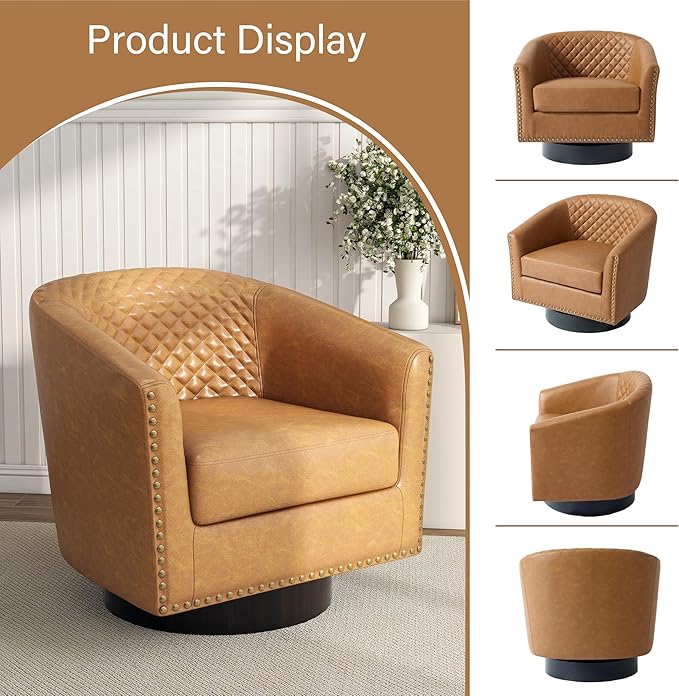 Pia Ricco Faux Leather Swivel Barrel Accent Chairs Set of 2, 360° Swivel Round Single Sofa Chair, Comfy Upholstered Club Armchair with Nailhead Trim for Living Room/Reading Room/Bedroom, Coffee