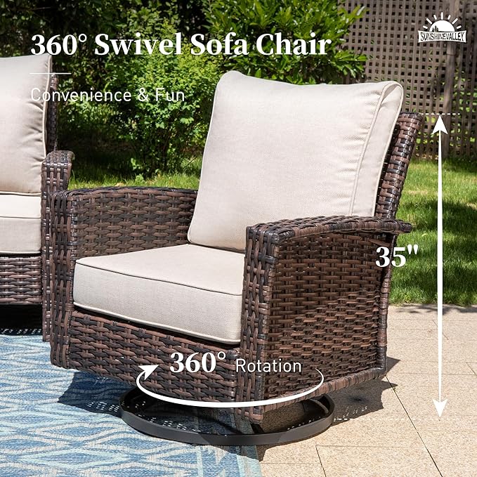 Patio Wicker Swivel Chairs Set of 2, Outdoor High Back Chairs with 5.5" Waterproof Cushions, Outdoor Furniture Set for Deck Porch and Yard, Peacock Blue