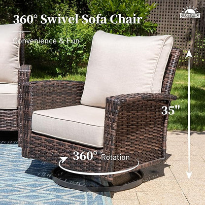 Patio Wicker Swivel Chairs Set of 2, Outdoor High Back Chairs with 5.5" Waterproof Cushions, Outdoor Furniture Set for Deck Porch and Yard, Peacock Blue