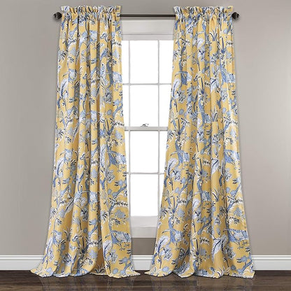Lush Decor Dolores Light Filtering Window Panels, Pair, 52" W x 108" L, Yellow - Floral Curtains for Bedroom - Vintage Curtains - Coquette Room Decor
