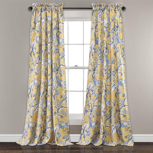 Lush Decor Dolores Light Filtering Window Panels, Pair, 52" W x 108" L, Yellow - Floral Curtains for Bedroom - Vintage Curtains - Coquette Room Decor