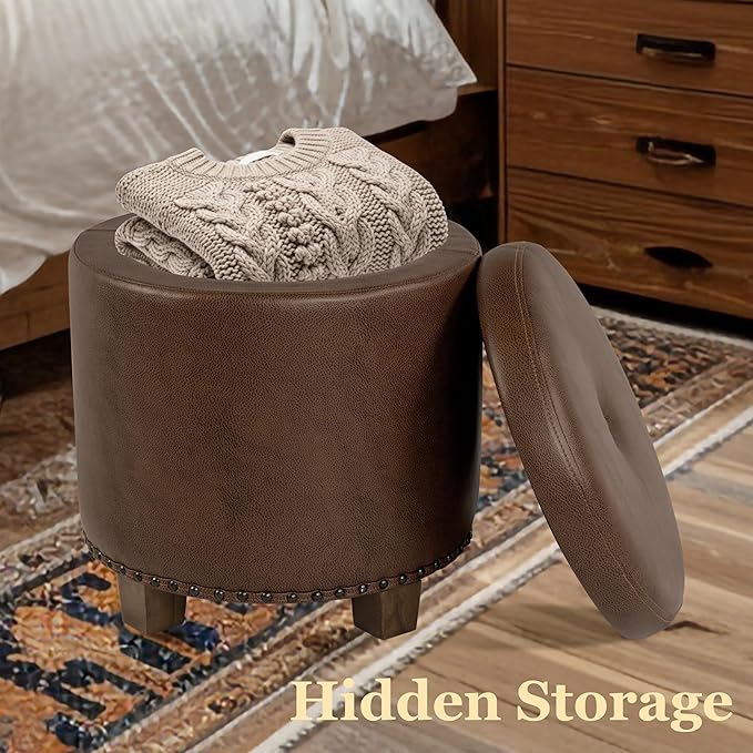 Homepop Home Decor | Upholstered Round Storage Ottoman with Nailheads| Ottoman with Storage for Living Room & Bedroom, Brown Faux Leather