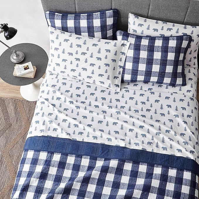 Eddie Bauer - Flannel Sheets King Size, Anti-Pilling & Wrinkle Resistant Cotton, Touchably Soft for All-Season Comfort - Bed Sheets with Matching Pillowcases & Fitted Sheet (Bears and Trees Blue)