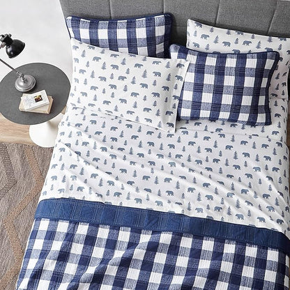 Eddie Bauer - Flannel Sheets King Size, Anti-Pilling & Wrinkle Resistant Cotton, Touchably Soft for All-Season Comfort - Bed Sheets with Matching Pillowcases & Fitted Sheet (Bears and Trees Blue)