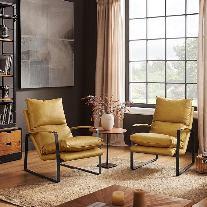 Art Leon Leather Accent Chair- Mid Century Modern Living Room Chair Leather Armchair Leather Lounge Chair with Black Metal Frame (Light Brown)