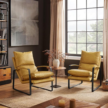 Art Leon Leather Accent Chair- Mid Century Modern Living Room Chair Leather Armchair Leather Lounge Chair with Black Metal Frame (Light Brown)