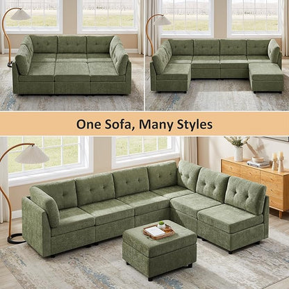 VANOMi 5 Seat Cloud Couches for Living Room with Ottoman, Convertible Modular Sectional Sofa Bed, Chenille Cloud Sofas & Couches for Apartment, Office, Olive Green, Sofa Bed