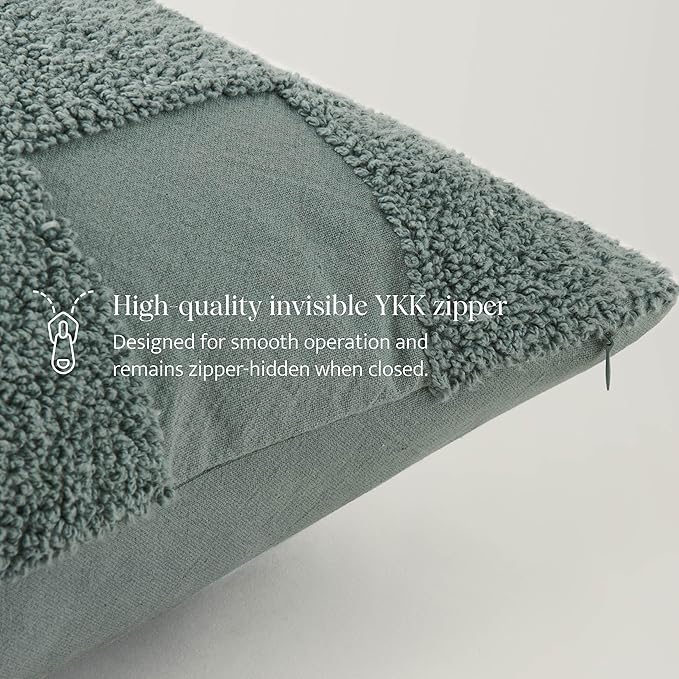 Double Stitch Checkered Throw Pillow Covers - 100% Cotton Tufted Boho Decorative Pillow Covers 20x20, Made in India, Square Cushion Case, Modern Home Decor for Couch, Sofa, Living Room, Chinois Green