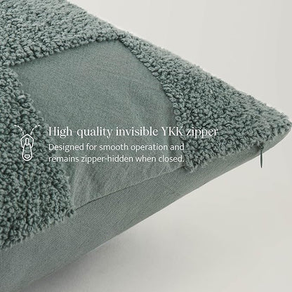 Double Stitch Checkered Throw Pillow Covers - 100% Cotton Tufted Boho Decorative Pillow Covers 20x20, Made in India, Square Cushion Case, Modern Home Decor for Couch, Sofa, Living Room, Chinois Green