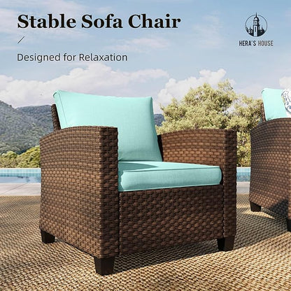 HERA'S HOUSE Outdoor Patio Furniture Set, 7 Pieces Wicker Patio Conversation Sets, Outside Sectional Deep Seating Sofa Set for Lawn Backyard Porch, Brown/Blue