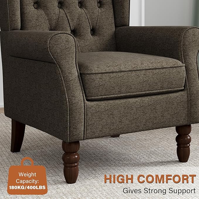 High Back Accent Chair, High Wingback Chair for Living Room, Button-Tufted Upholstered Fabric Armchair with Solid Wood Legs, Comfy Single Sofa Reading Chair for Bedroom, Taupe