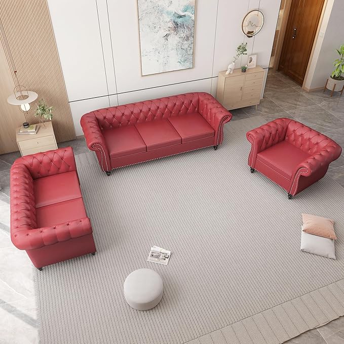 2 Piece Living Room Sofa Set, 3 Seater Faux Leather Sofa Couch and Chair Set, Mid Century Modern Upholstered Couch with Cushions, Comfy Tufted Chesterfield Couches for Bedroom, Office (Wine Red)