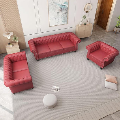 2 Piece Living Room Sofa Set, 3 Seater Faux Leather Sofa Couch and Chair Set, Mid Century Modern Upholstered Couch with Cushions, Comfy Tufted Chesterfield Couches for Bedroom, Office (Wine Red)