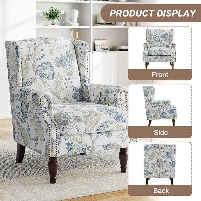 Pia Ricco Set of 2 Floral Accent Chairs, High Back Upholstered Armchairs with Retro Wingback Design, Nailhead Trim & Solid Wood Legs for Living Room Bedroom(Plants Blue)