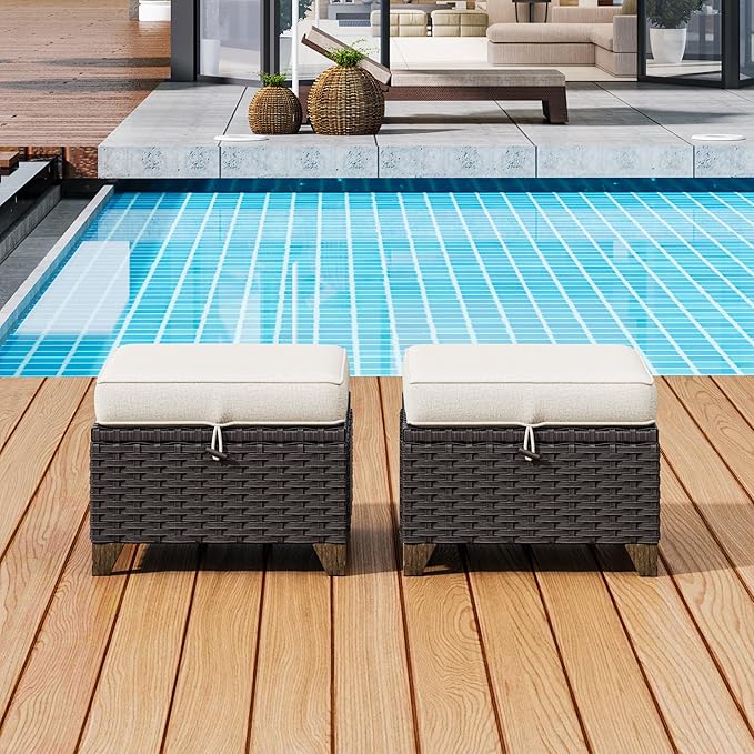 2 Pieces Patio Outdoor Ottomans with Removable and Washable Covers，PE Rattan Wicker Footstools for Porch, Garden, Sunroom (Beige)