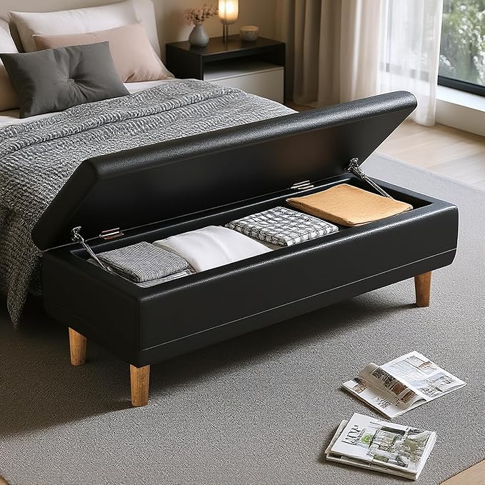 VECELO 44.5" Ottoman with Storage, Storage Ottoman Bench with 2 Gas Spring Lid Supports, PU Leather Upholstery, Solid Wood Legs, Black Shoe Bench for Bedroom, Living Room, Entryway