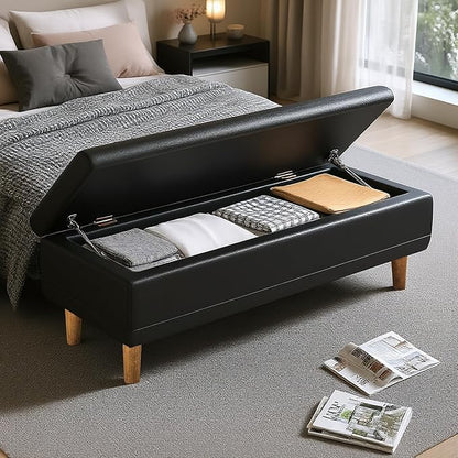 VECELO 44.5" Ottoman with Storage, Storage Ottoman Bench with 2 Gas Spring Lid Supports, PU Leather Upholstery, Solid Wood Legs, Black Shoe Bench for Bedroom, Living Room, Entryway