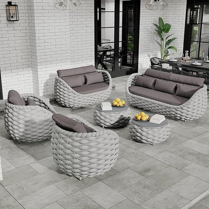 Patio Conversation Deck Furniture Sets: 6-Piece Aluminum Woven Rope Outdoor Sofa Set - Modern Cushions Couch Set - No Assembly Metal Porch Seating for Deck Yard Garden Lanai Pool Hotel Resort