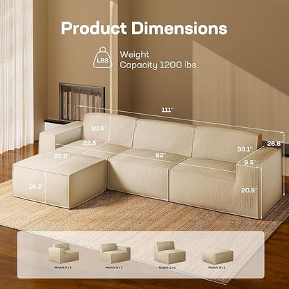 Marsail Modular Sectional Sofa, 111" L-Shaped Modular Sectional Couch with Deep Seat, Freely Combinable Sectional Cloud Sofa for Living Room, No Assembly, Plush Corduroy Fabric, Beige