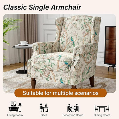 Wingback Accent Chair, High Back Upholstered Armchair, Printed Fabric Wingback Arms Chairs with Wood Legs, Single Sofa Reading Chair for Bedroom Living Room, Bird
