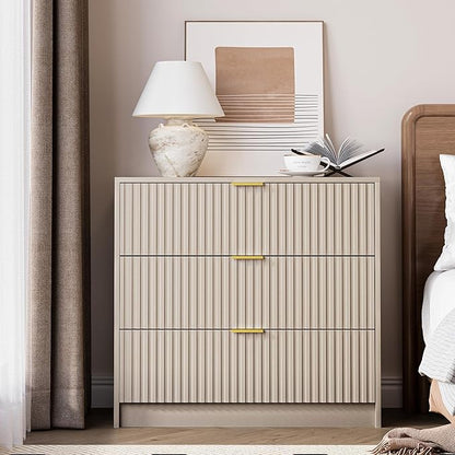 3-Piece Dresser Bedroom Set, 8 Drawer Dresser & 3 Drawer Nightstands with Gold Handles, Fluted Wood Chest of Drawers for Bedroom, Living Room, Entryway, Beige