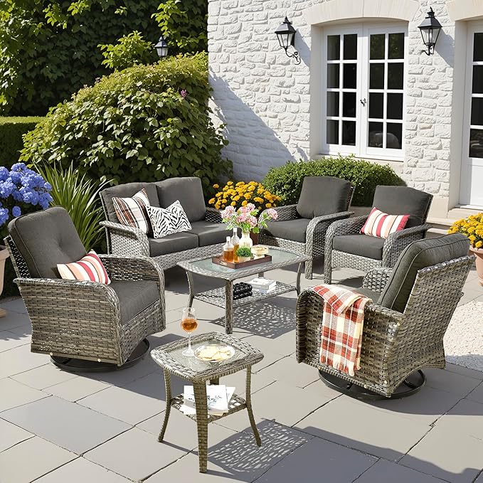 7 PCS Patio Outdoor Furniture Set with Swivel Rocking Chairs,All Weather Wicker Rattan Patio Seating Sofa and Chairs Set,Outdoor Conversaiton Sets for Deck Yard Prrch Garden Poolside,Black